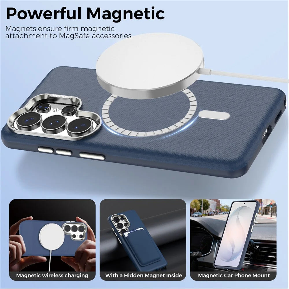 For Samsung Galaxy S26 Ultra Magnetic Case Fine Grid Texture Leather Back Phone Cover with Detachable Card Holder - Sapphire - 3