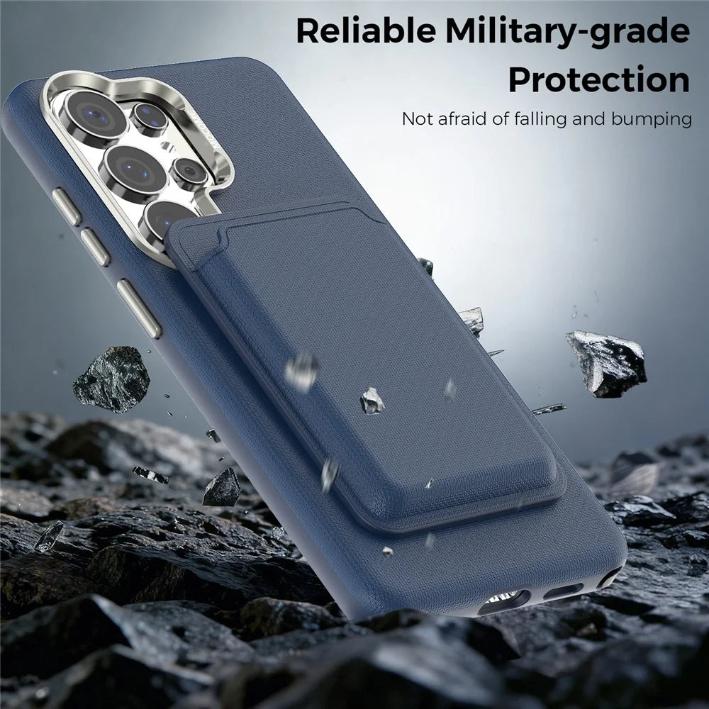 For Samsung Galaxy S26 Ultra Magnetic Case Fine Grid Texture Leather Back Phone Cover with Detachable Card Holder - Sapphire - 4