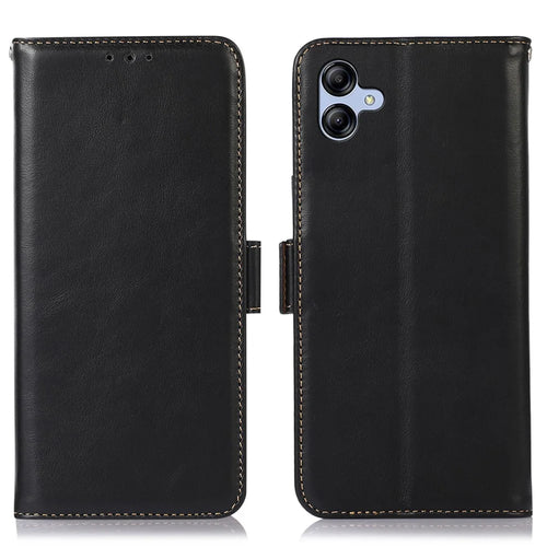 For Samsung Galaxy A04e 4G / F04 4G / M04 4G Crazy Horse Texture RFID Blocking Phone Case Genuine Cowhide Leather Stand Magnetic Cell Phone Flip Wallet Cover - Black - 1