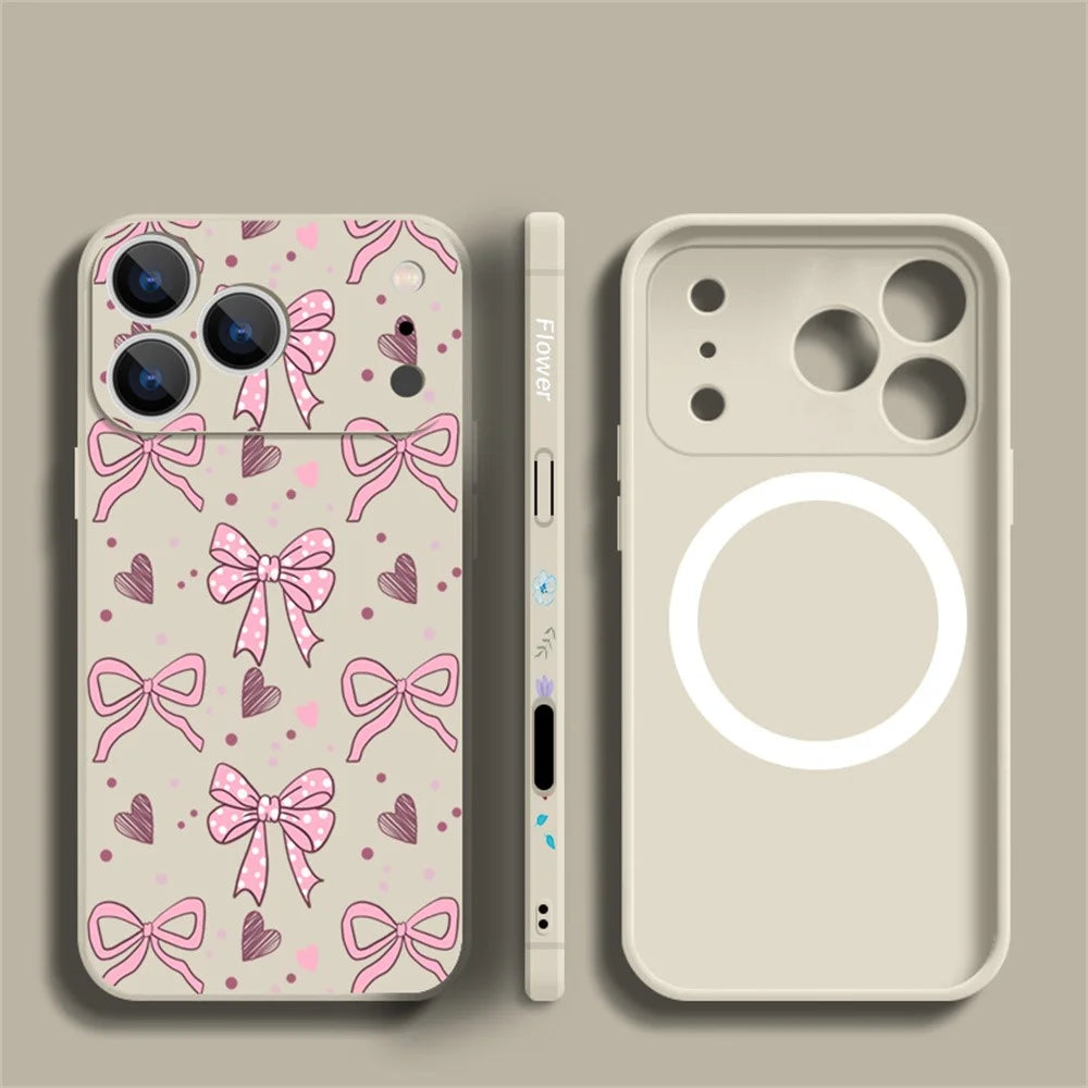 For iPhone 17 Pro Magnetic Case UV Printing Bow Pattern Liquid Silicone Precise Camera Cutouts Phone Cover - PB497 - 3