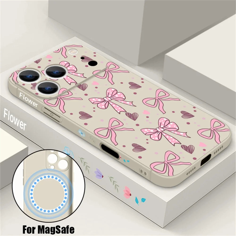 For iPhone 17 Pro Max Magnetic Case UV Printing Bow Pattern Liquid Silicone Precise Camera Cutouts Phone Cover - PB497 - 1