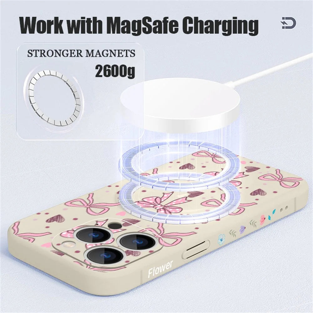 For iPhone 17 Pro Max Magnetic Case UV Printing Bow Pattern Liquid Silicone Precise Camera Cutouts Phone Cover - PB497 - 6