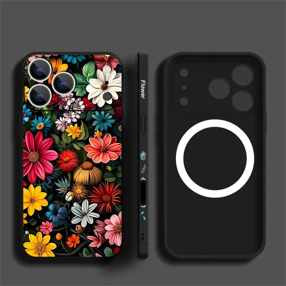 For iPhone 17 Pro Magnetic Case UV Print Floral Pattern Precise Camera Cutout Liquid Silicone Protective Cover - PB319 - 2