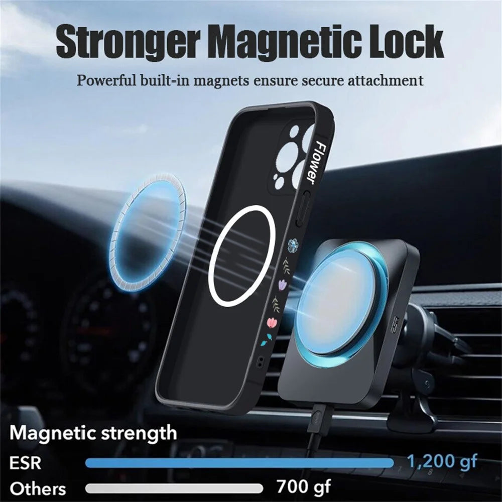 For iPhone 17 Pro Magnetic Case UV Print Floral Pattern Precise Camera Cutout Liquid Silicone Protective Cover - PB319 - 4