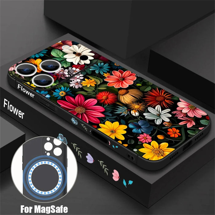 For iPhone 17 Pro Max Magnetic Case UV Print Floral Pattern Precise Camera Cutout Liquid Silicone Protective Cover - PB319 - 3