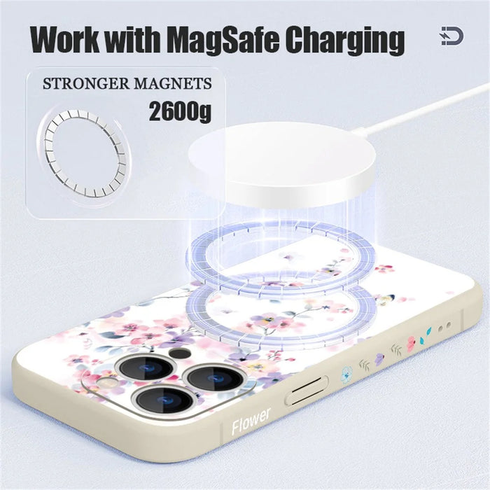 For iPhone 17 Pro Max Magnetic Case UV Print Floral Pattern Precise Camera Cutout Liquid Silicone Protective Cover - PB319 - 7