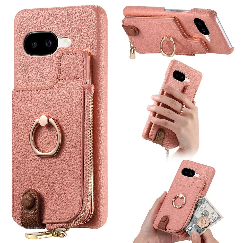 For Google Pixel 10a Case RFID Blocking Phone Wallet Cover Supports Magnetic Car Holder - Pink - 1