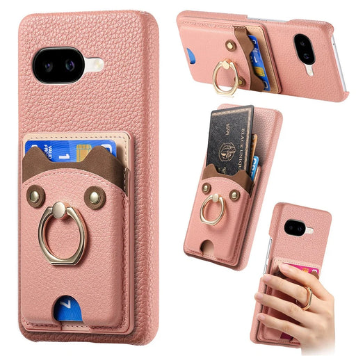 For Google Pixel 10a PU Leather Phone Back Cover with Cute Bear Design Card Holder - Pink - 1