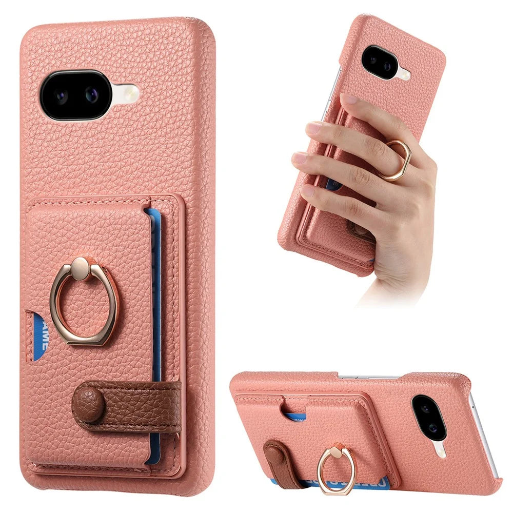 For Google Pixel 10a Leather Phone Back Cover with Card Holder and Ring Kickstand - Pink - 1