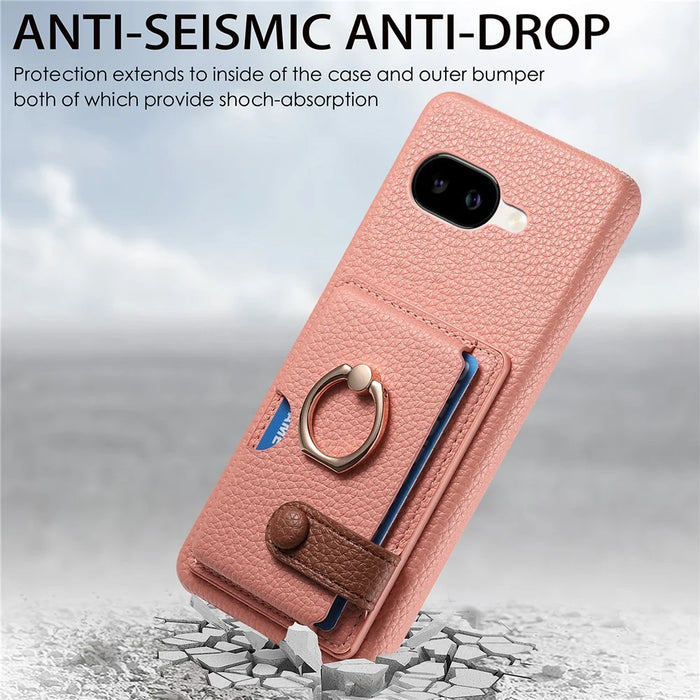 For Google Pixel 10a Leather Phone Back Cover with Card Holder and Ring Kickstand - Pink - 4