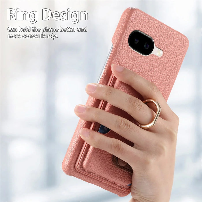 For Google Pixel 10a Leather Phone Back Cover with Card Holder and Ring Kickstand - Pink - 5