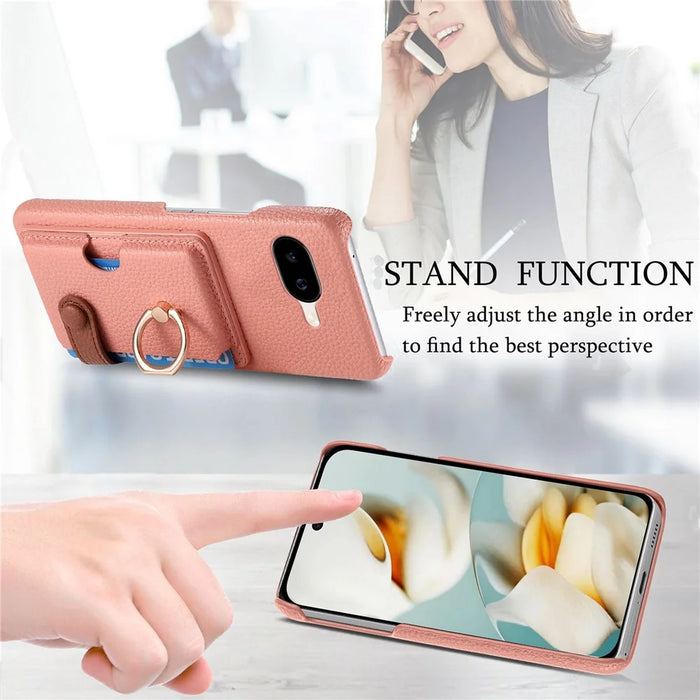 For Google Pixel 10a Leather Phone Back Cover with Card Holder and Ring Kickstand - Pink - 7