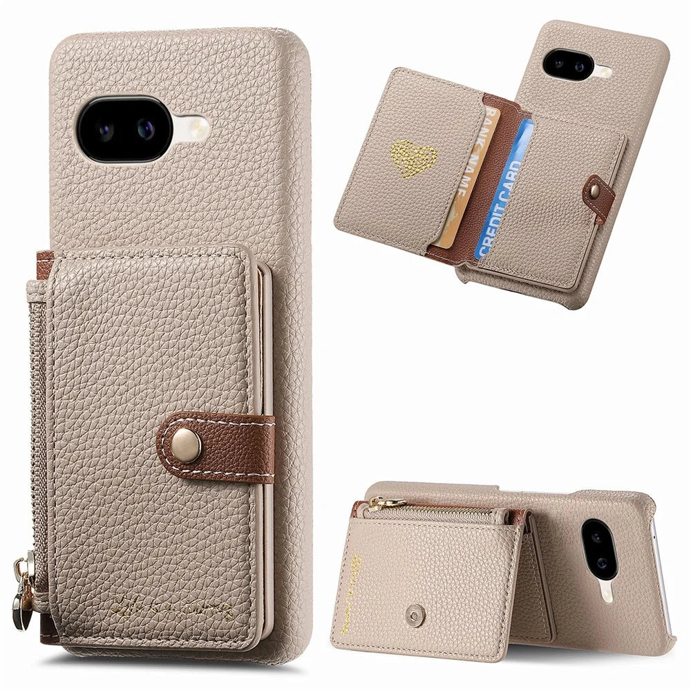 For Google Pixel 10a Case with Zipper Card Holder Kickstand Litchi Grain Leather Back Cover - Khaki - 1