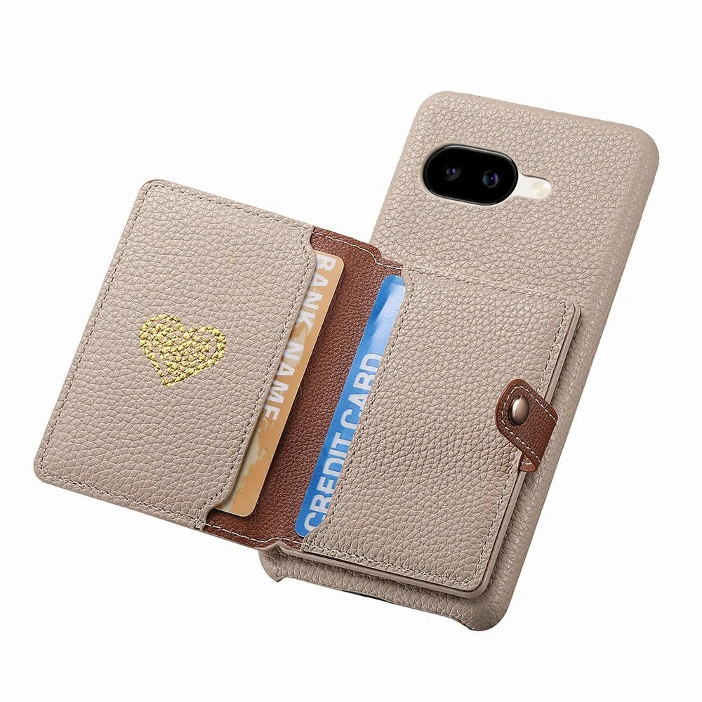 For Google Pixel 10a Case with Zipper Card Holder Kickstand Litchi Grain Leather Back Cover - Khaki - 2