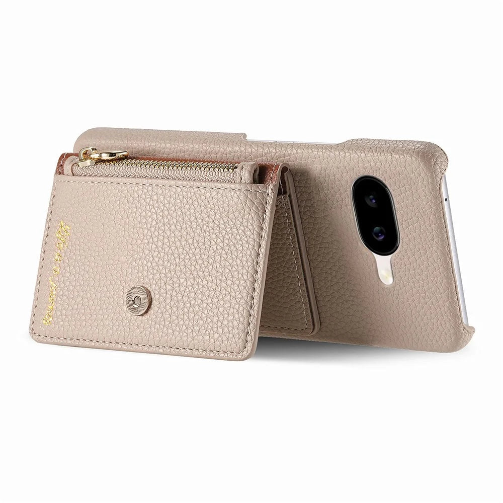 For Google Pixel 10a Case with Zipper Card Holder Kickstand Litchi Grain Leather Back Cover - Khaki - 3