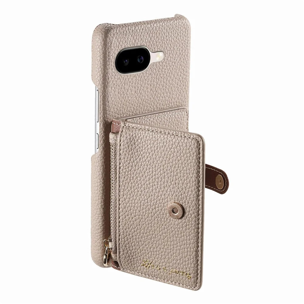 For Google Pixel 10a Case with Zipper Card Holder Kickstand Litchi Grain Leather Back Cover - Khaki - 4