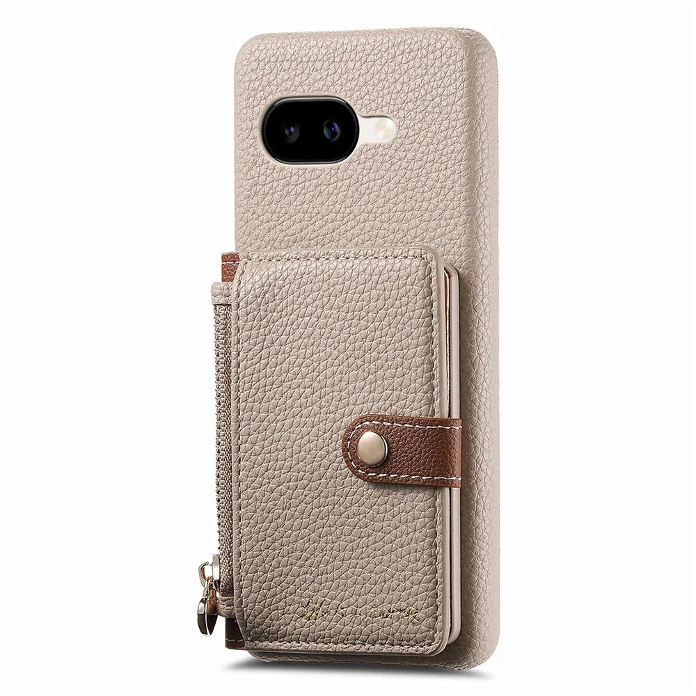 For Google Pixel 10a Case with Zipper Card Holder Kickstand Litchi Grain Leather Back Cover - Khaki - 5