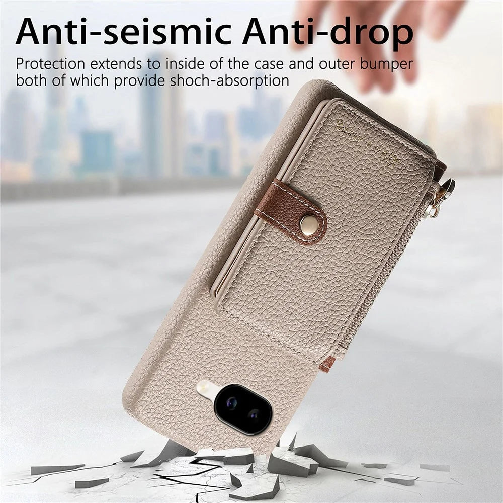 For Google Pixel 10a Case with Zipper Card Holder Kickstand Litchi Grain Leather Back Cover - Khaki - 6