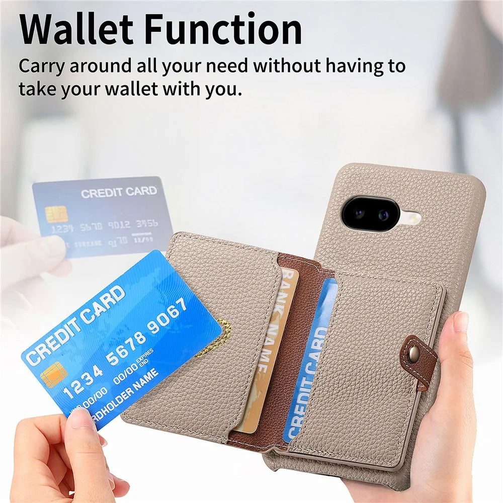 For Google Pixel 10a Case with Zipper Card Holder Kickstand Litchi Grain Leather Back Cover - Khaki - 7