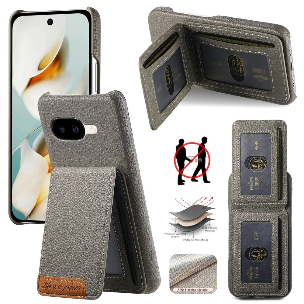 For Google Pixel 10a Case RFID Blocking Card Holder Litchi Texture Leather Back Cover - Grey - 1