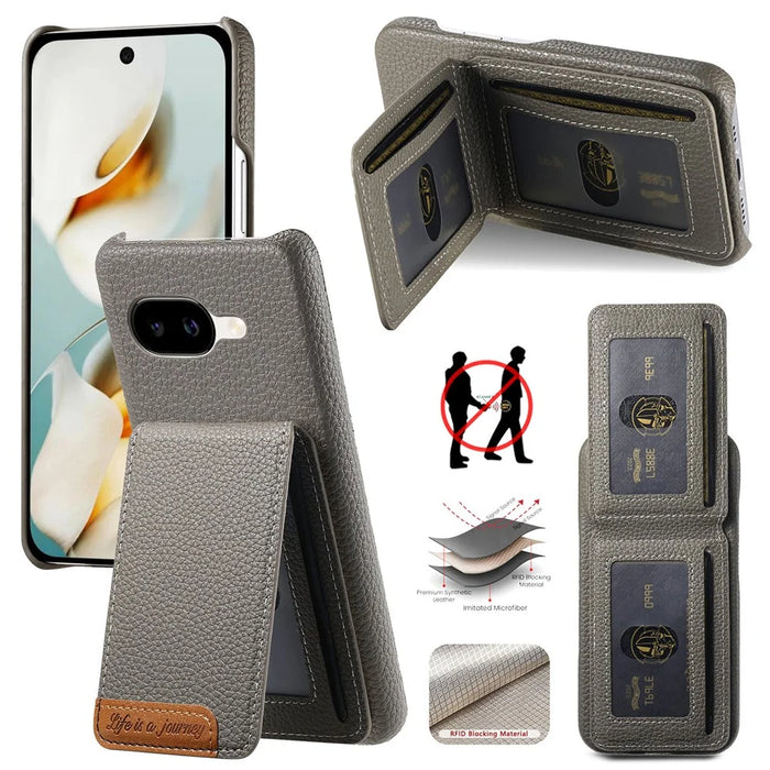 For Google Pixel 10a Case RFID Blocking Card Holder Litchi Texture Leather Back Cover - Grey - 1