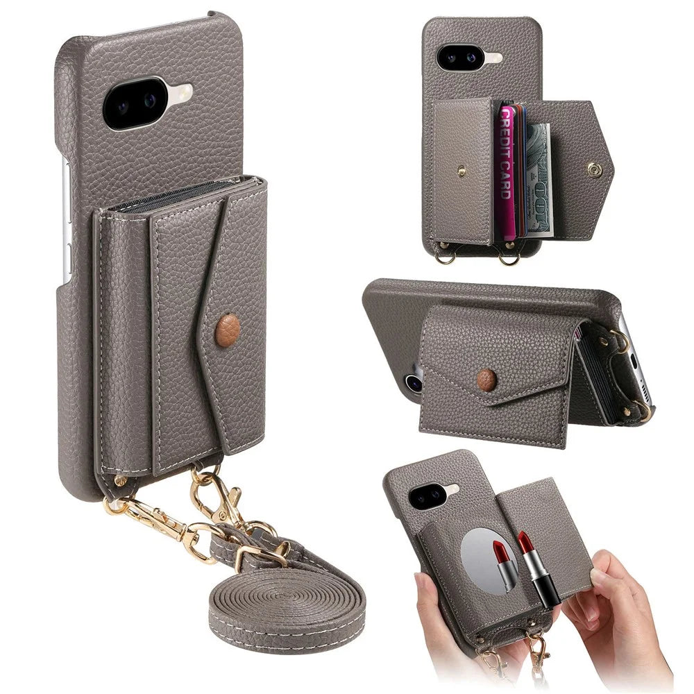 For Google Pixel 10a Case Card Holder Kickstand PU Leather + PC Phone Cover with Mirror and Crossbody Lanyard - Grey - 1