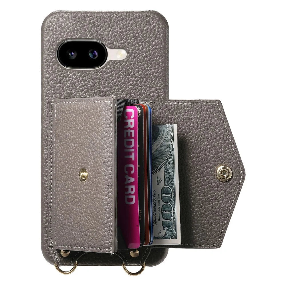 For Google Pixel 10a Case Card Holder Kickstand PU Leather + PC Phone Cover with Mirror and Crossbody Lanyard - Grey - 2