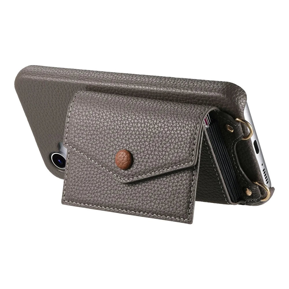 For Google Pixel 10a Case Card Holder Kickstand PU Leather + PC Phone Cover with Mirror and Crossbody Lanyard - Grey - 3