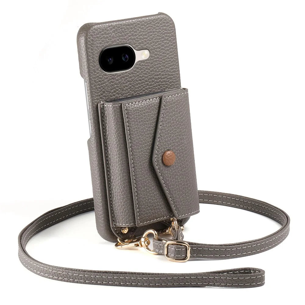 For Google Pixel 10a Case Card Holder Kickstand PU Leather + PC Phone Cover with Mirror and Crossbody Lanyard - Grey - 4
