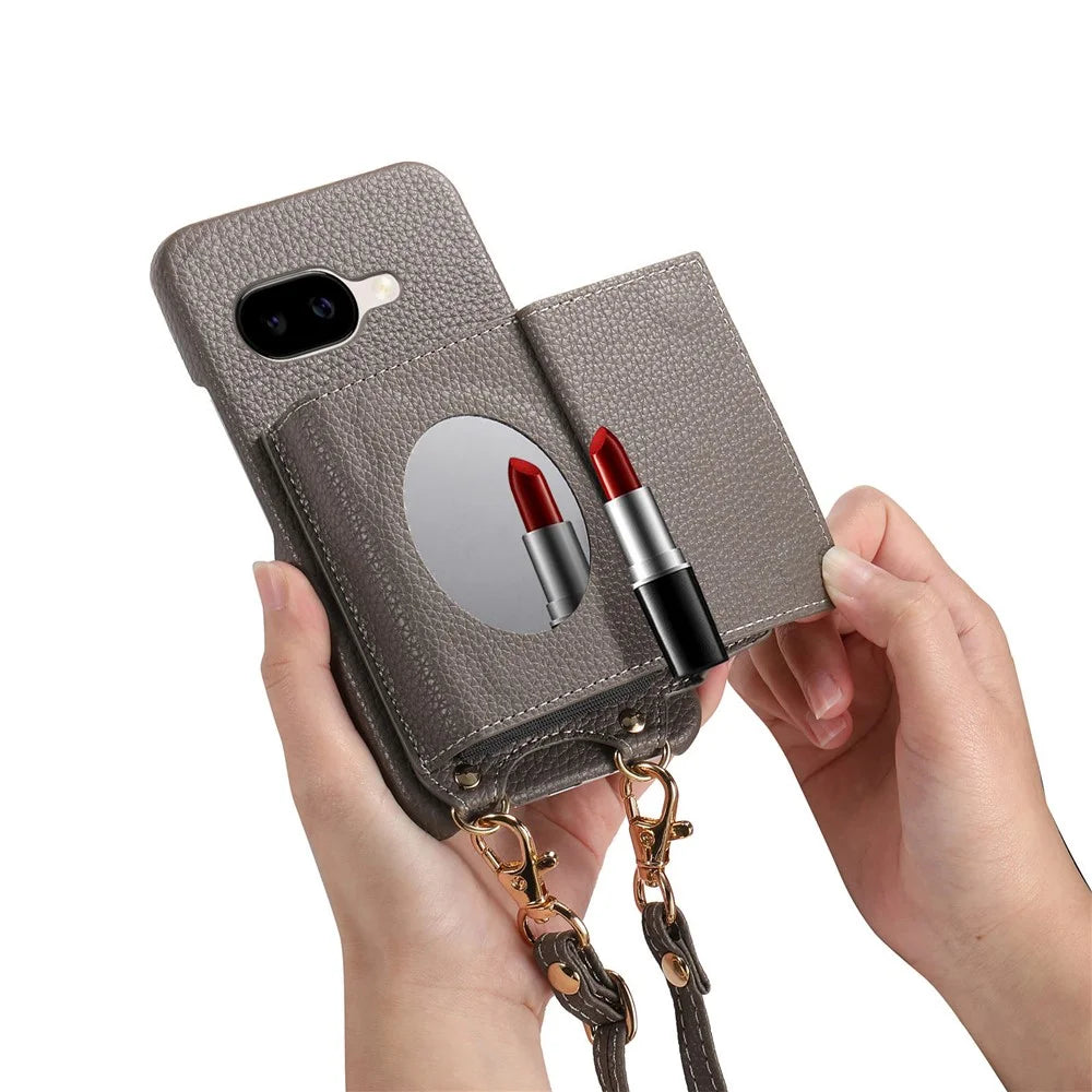 For Google Pixel 10a Case Card Holder Kickstand PU Leather + PC Phone Cover with Mirror and Crossbody Lanyard - Grey - 5
