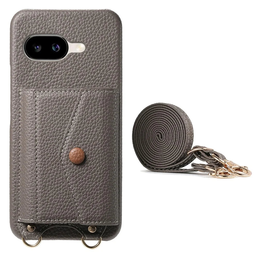 For Google Pixel 10a Case Card Holder Kickstand PU Leather + PC Phone Cover with Mirror and Crossbody Lanyard - Grey - 6