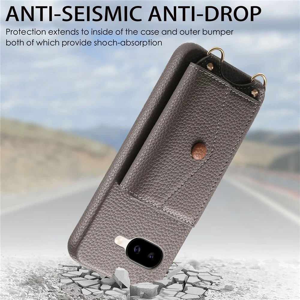 For Google Pixel 10a Case Card Holder Kickstand PU Leather + PC Phone Cover with Mirror and Crossbody Lanyard - Grey - 7