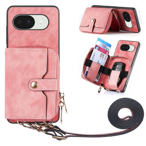 For Google Pixel 10a PU Leather Phone Back Cover with Zipper Card Holder and Long Strap - Pink - 1