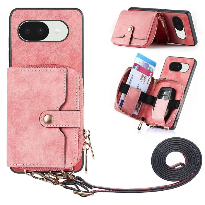 For Google Pixel 10a PU Leather Phone Back Cover with Zipper Card Holder and Long Strap - Pink - 1