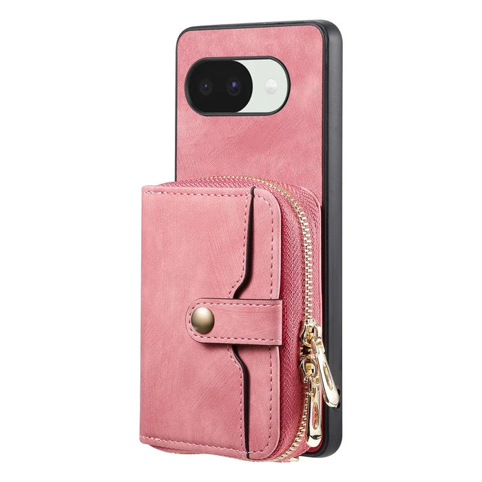 For Google Pixel 10a PU Leather Phone Back Cover with Zipper Card Holder and Long Strap - Pink - 3