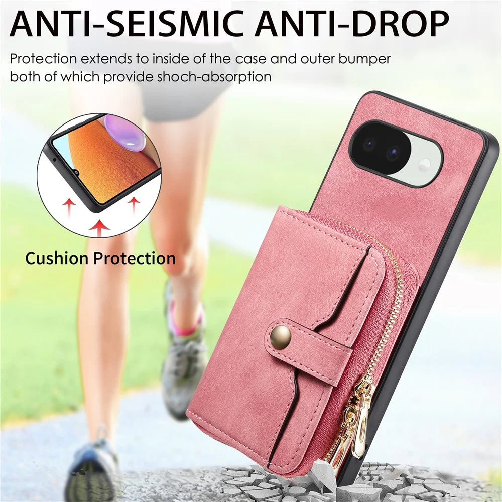 For Google Pixel 10a PU Leather Phone Back Cover with Zipper Card Holder and Long Strap - Pink - 5