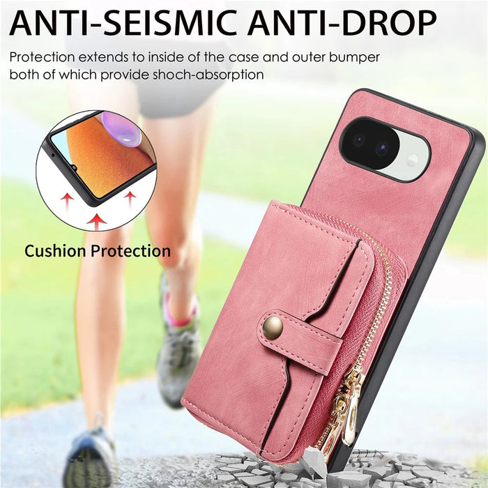 For Google Pixel 10a PU Leather Phone Back Cover with Zipper Card Holder and Long Strap - Pink - 5