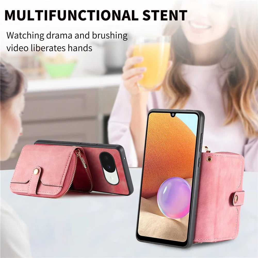 For Google Pixel 10a PU Leather Phone Back Cover with Zipper Card Holder and Long Strap - Pink - 6