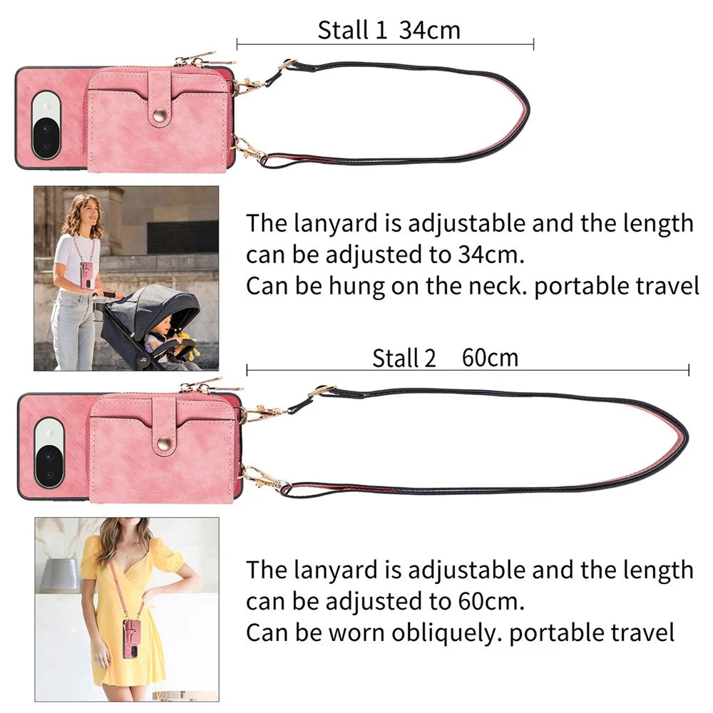 For Google Pixel 10a PU Leather Phone Back Cover with Zipper Card Holder and Long Strap - Pink - 7