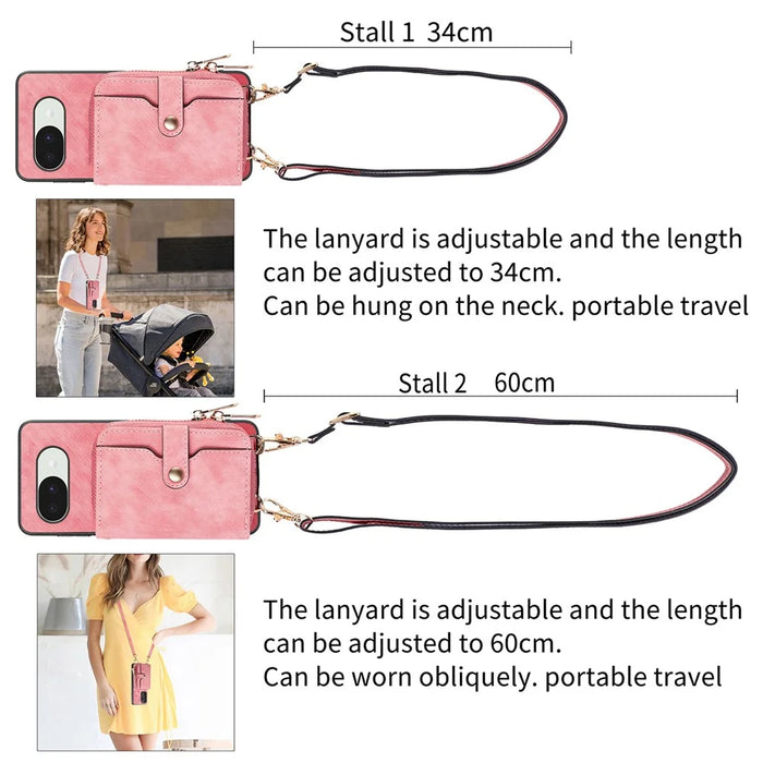 For Google Pixel 10a PU Leather Phone Back Cover with Zipper Card Holder and Long Strap - Pink - 7