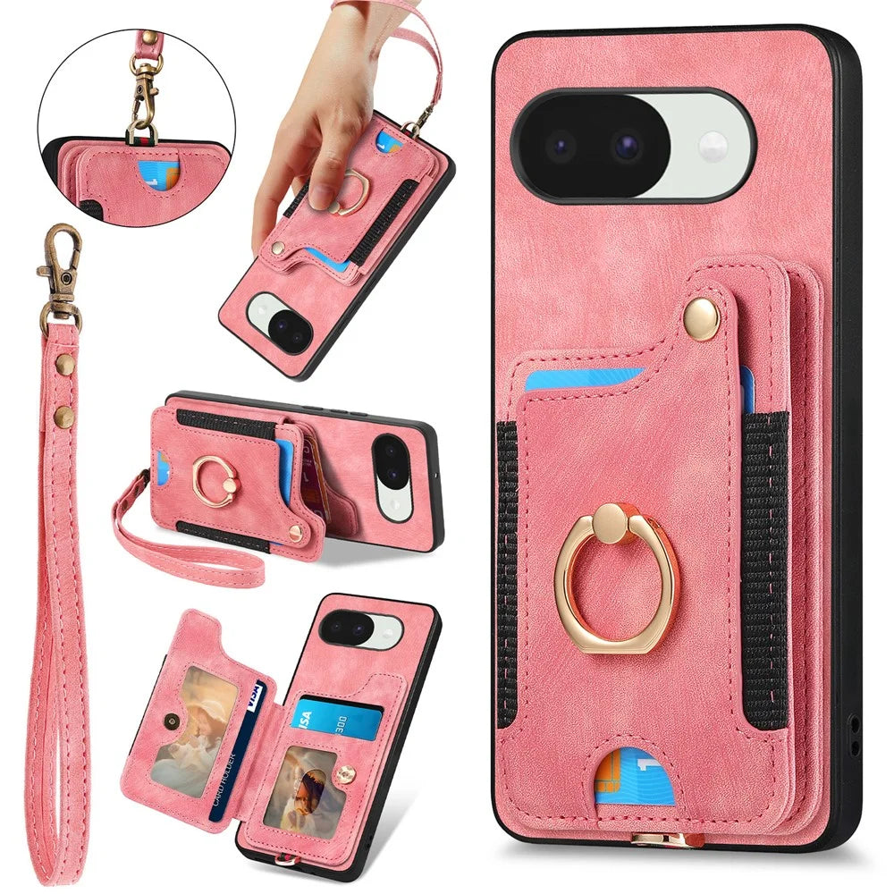 For Google Pixel 10a Retro PU Leather Case Phone Cover with RFID Blocking Card Holder   /   Ring Holder - Pink - 1