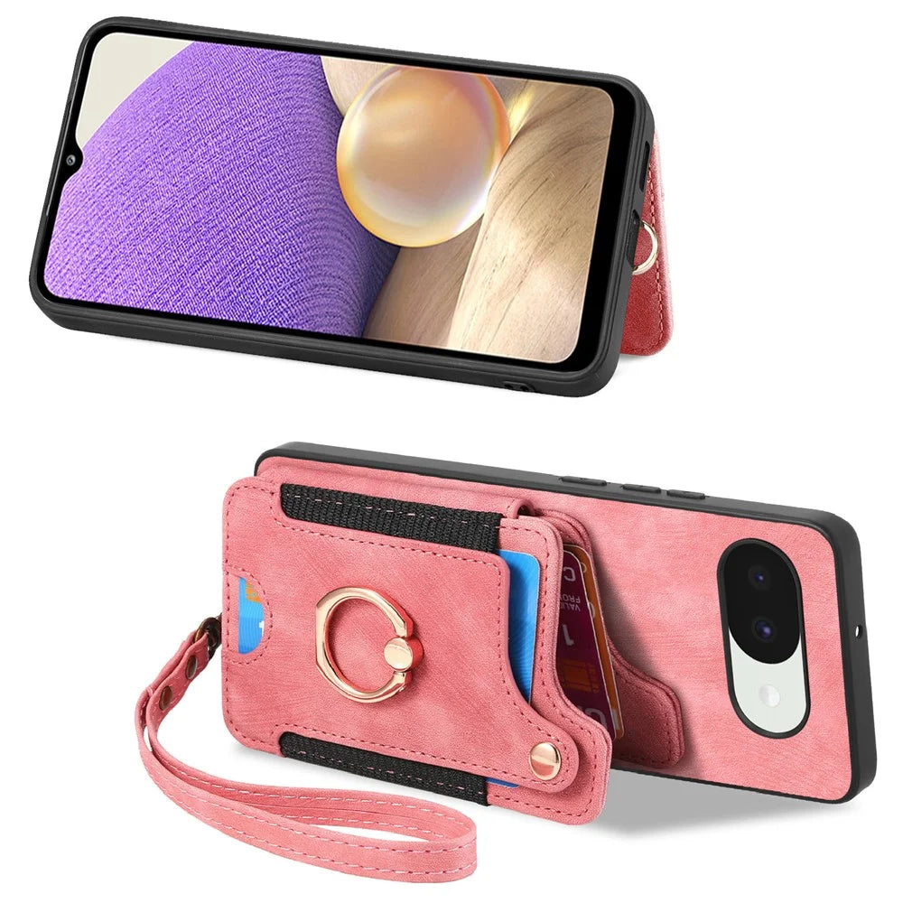 For Google Pixel 10a Retro PU Leather Case Phone Cover with RFID Blocking Card Holder   /   Ring Holder - Pink - 2