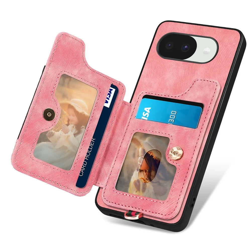 For Google Pixel 10a Retro PU Leather Case Phone Cover with RFID Blocking Card Holder   /   Ring Holder - Pink - 3