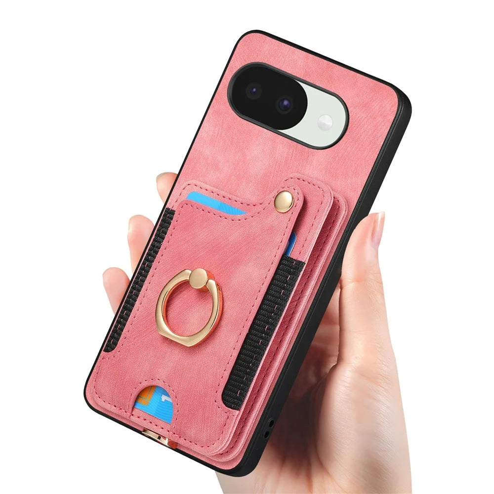 For Google Pixel 10a Retro PU Leather Case Phone Cover with RFID Blocking Card Holder   /   Ring Holder - Pink - 4