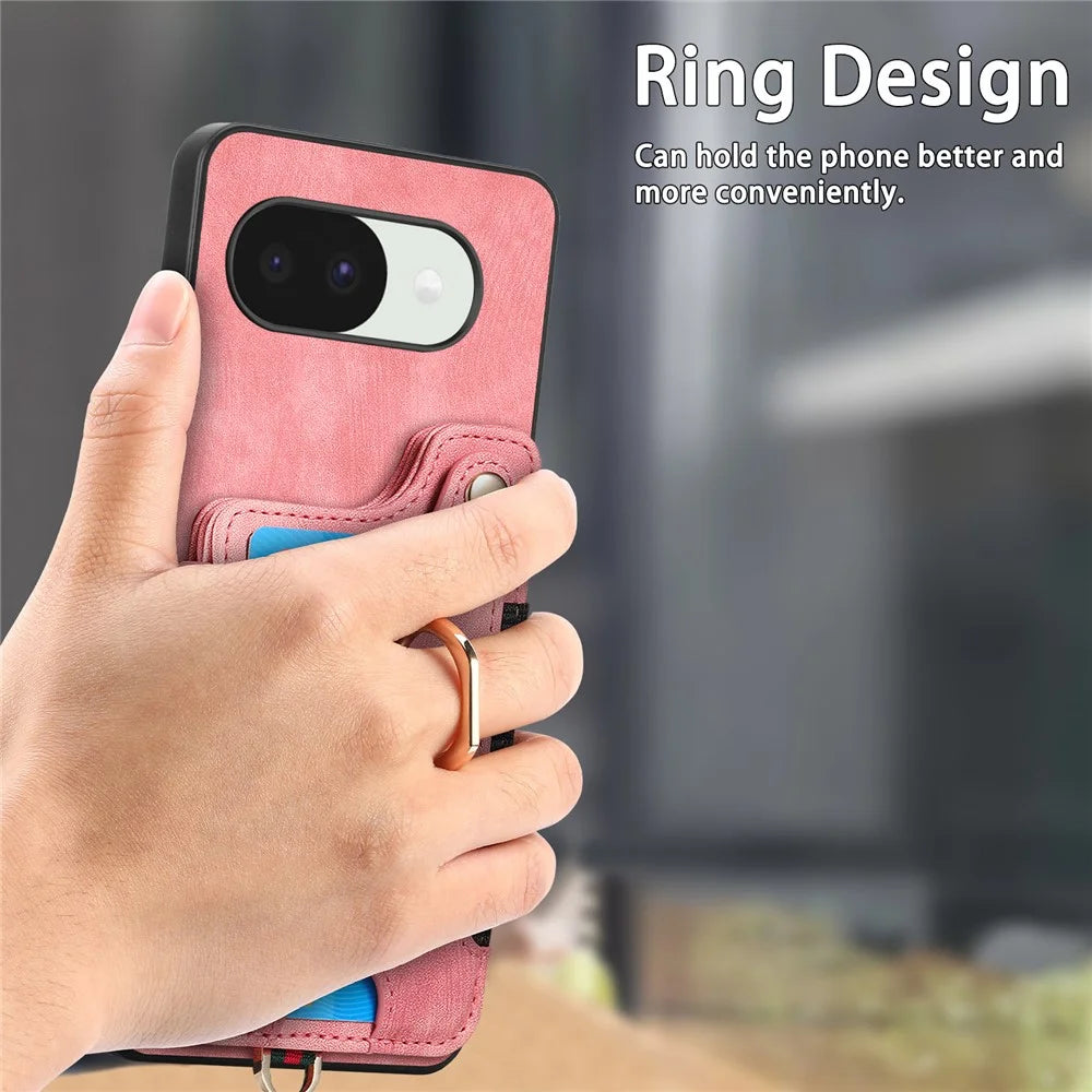 For Google Pixel 10a Retro PU Leather Case Phone Cover with RFID Blocking Card Holder   /   Ring Holder - Pink - 5