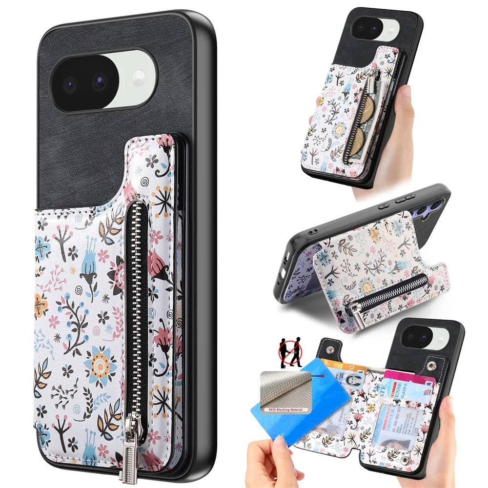 For Google Pixel 10a Leather Phone Cover with RFID Blocking Zipper Card Bag Kickstand - Black - 1