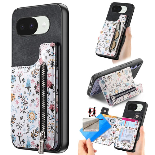 For Google Pixel 10a Leather Phone Cover with RFID Blocking Zipper Card Bag Kickstand - Black - 1