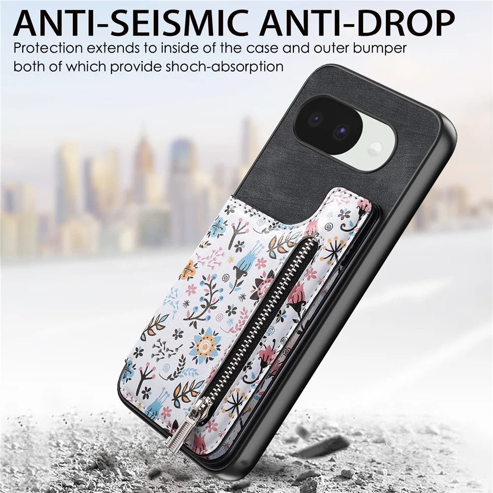 For Google Pixel 10a Leather Phone Cover with RFID Blocking Zipper Card Bag Kickstand - Black - 4