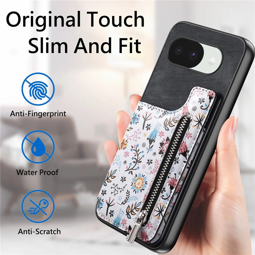 For Google Pixel 10a Leather Phone Cover with RFID Blocking Zipper Card Bag Kickstand - Black - 5
