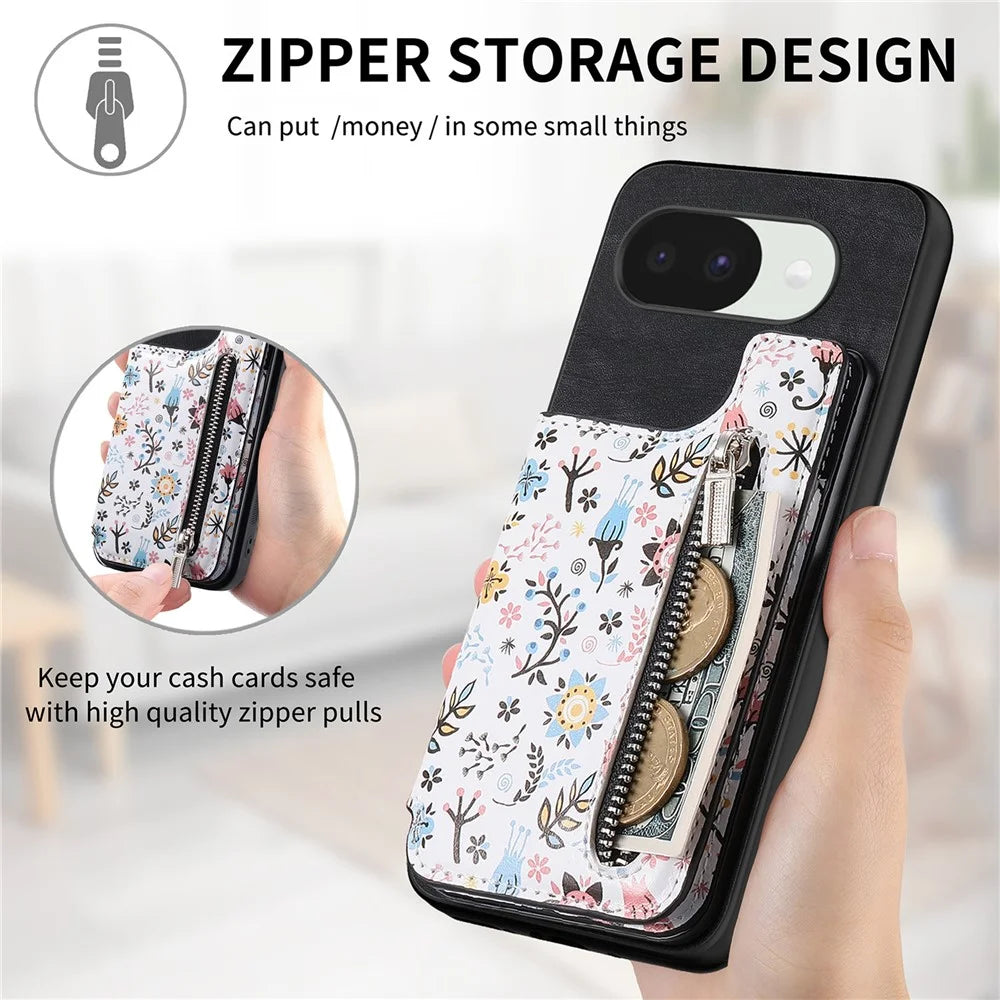 For Google Pixel 10a Leather Phone Cover with RFID Blocking Zipper Card Bag Kickstand - Black - 6